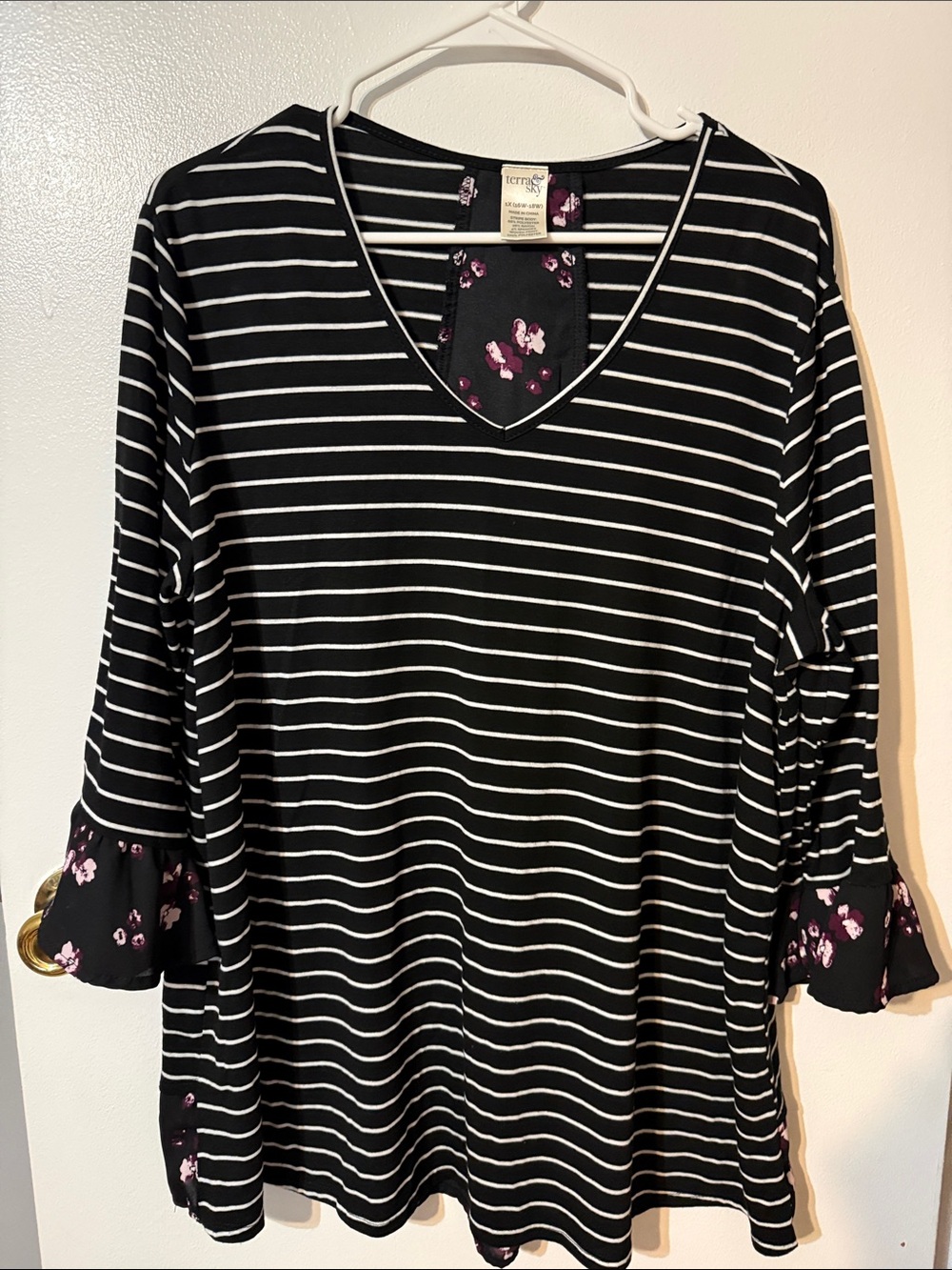 Terra & Sky Black and White Striped V-Neck Top with Pink Floral Trim